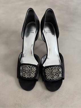 Stuart Weitzman Embellished Black Satin D'Orsay Heels